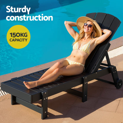 Gardeon Sun Lounge Beach Chair HDPE Adirondack Lounger Patio Outdoor Furniture with Wheels Black