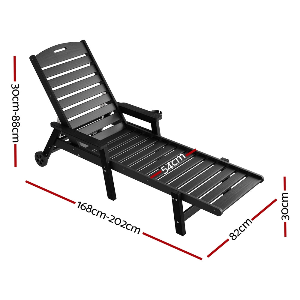 Gardeon Sun Lounge Lounger Beach Chair HDPE Patio Outdoor Furniture with Wheels Black
