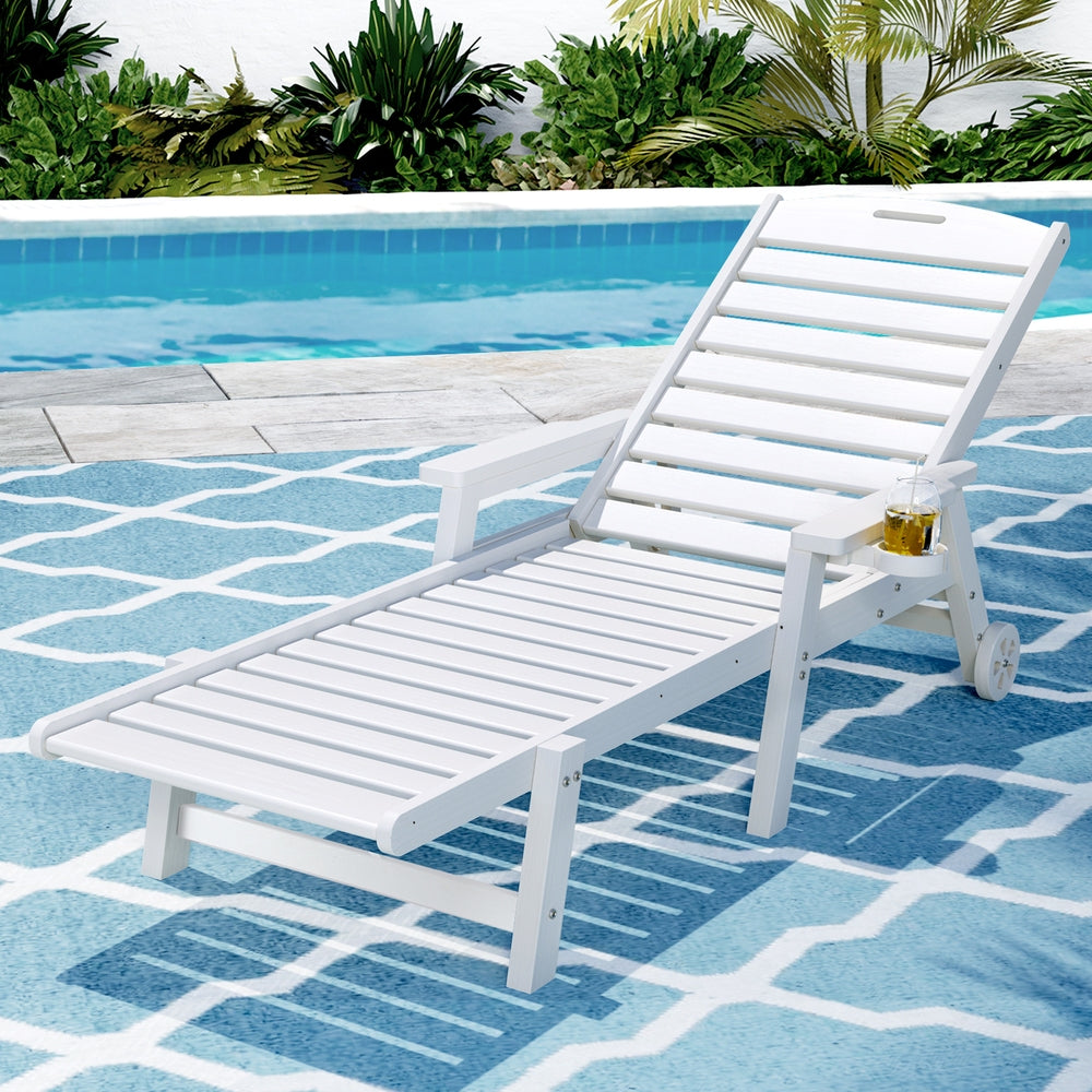 Gardeon Sun Lounge Lounger Beach Chair HDPE Patio Outdoor Furniture with Wheels White