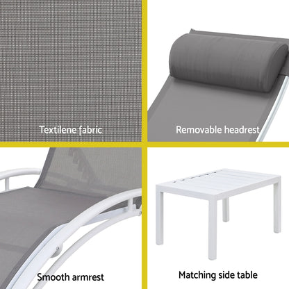 Gardeon 3PC Sun Lounge Outdoor Lounger Table Chairs Steel Patio Furniture Garden