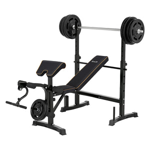 Everfit weight bench set up for various exercises with weight plates and a barbell on top, featuring black color and steel construction with padding.