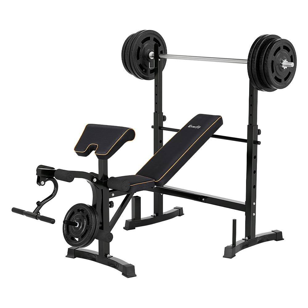 Everfit weight bench set up for various exercises with weight plates and a barbell on top, featuring black color and steel construction with padding.