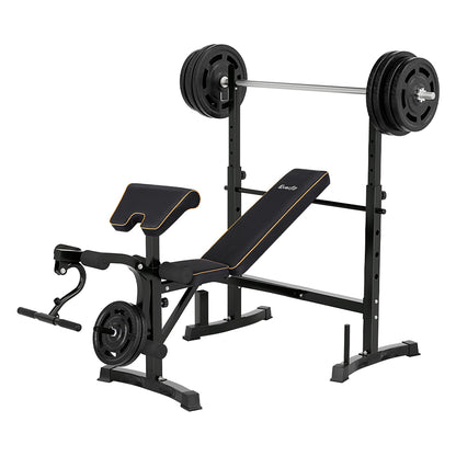 Everfit weight bench set up for various exercises with weight plates and a barbell on top, featuring black color and steel construction with padding.