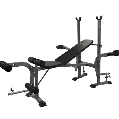 Black weight bench with adjustable components on a white background