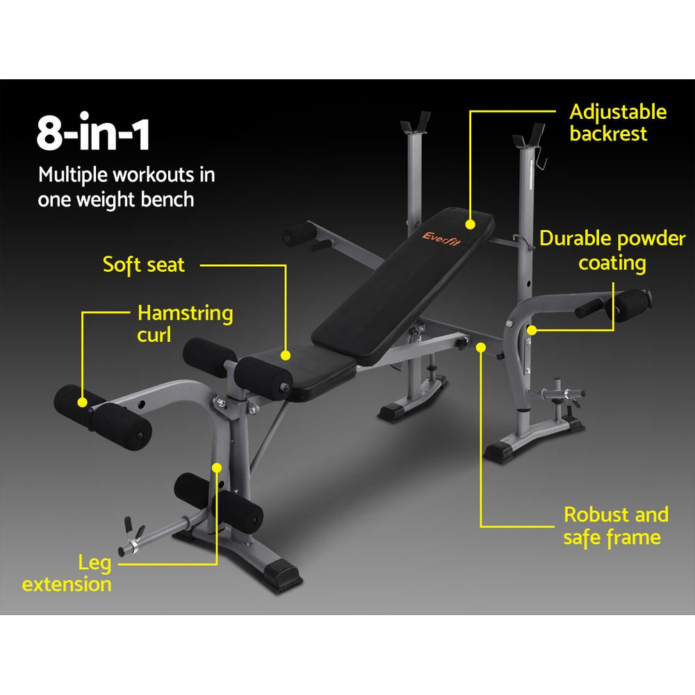 Multifunctional weight bench with labeled features on a black background