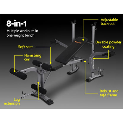 Multifunctional weight bench with labeled features on a black background