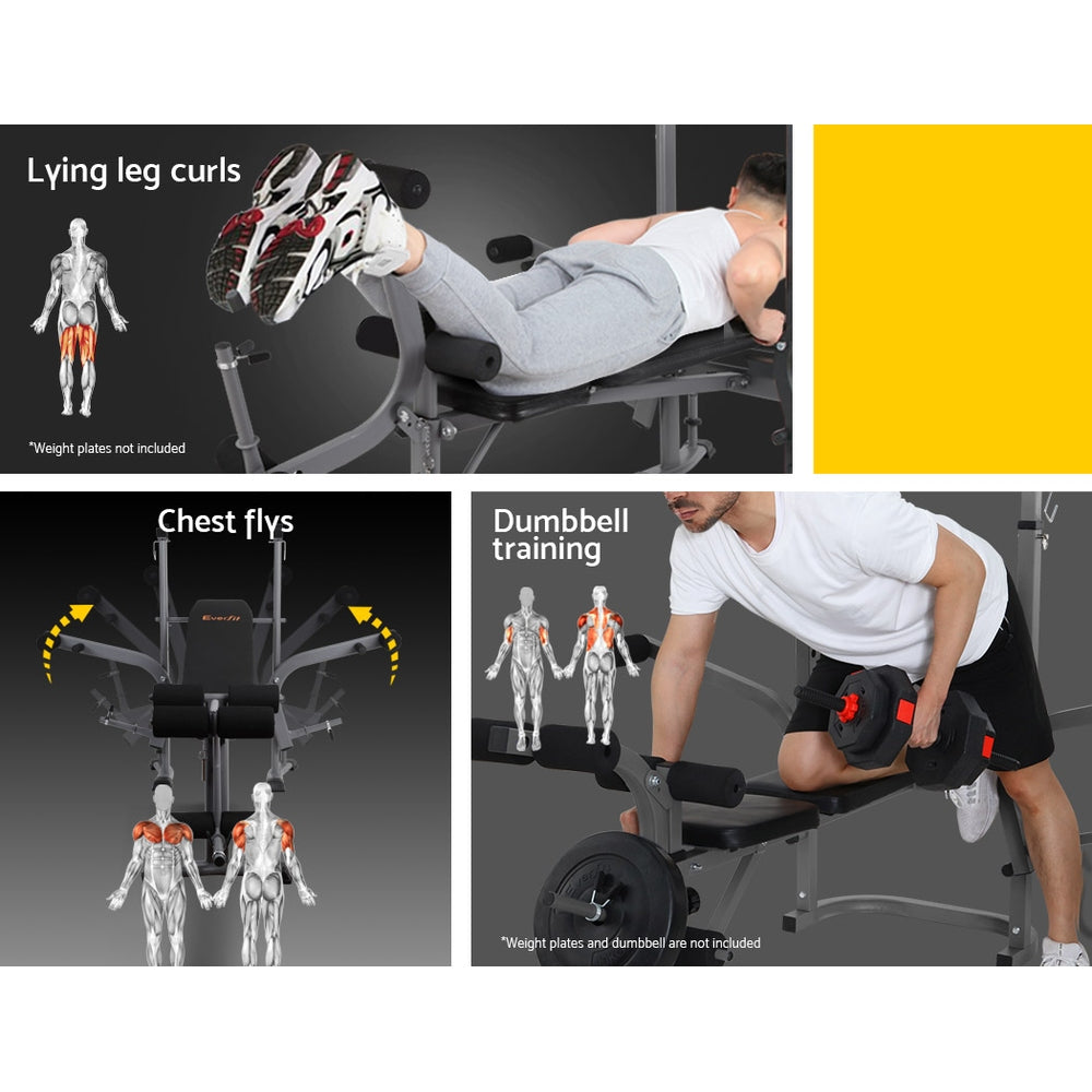 Multifunctional gym machine with users performing various exercises and anatomical illustrations.