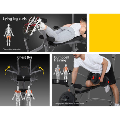 Multifunctional gym machine with users performing various exercises and anatomical illustrations.