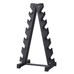 A black Everfit 6-tier dumbbell rack made of steel, designed for storing dumbbells up to 200kg.