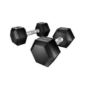 A pair of black Everfit 10kg hexagonal dumbbells with silver handles.