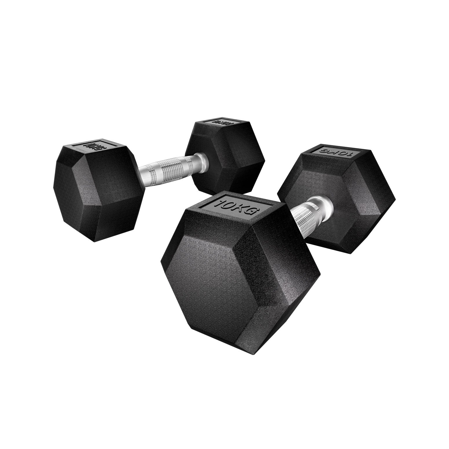 A pair of black Everfit 10kg hexagonal dumbbells with silver handles.