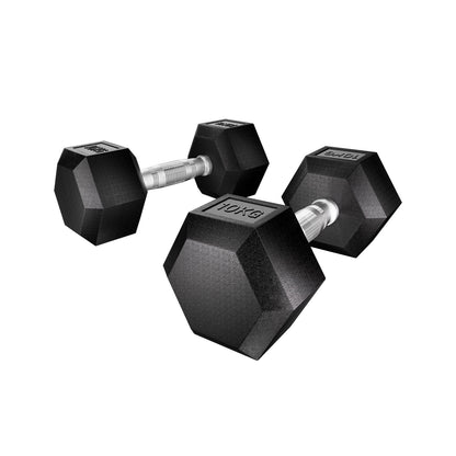 A pair of black Everfit 10kg hexagonal dumbbells with silver handles.