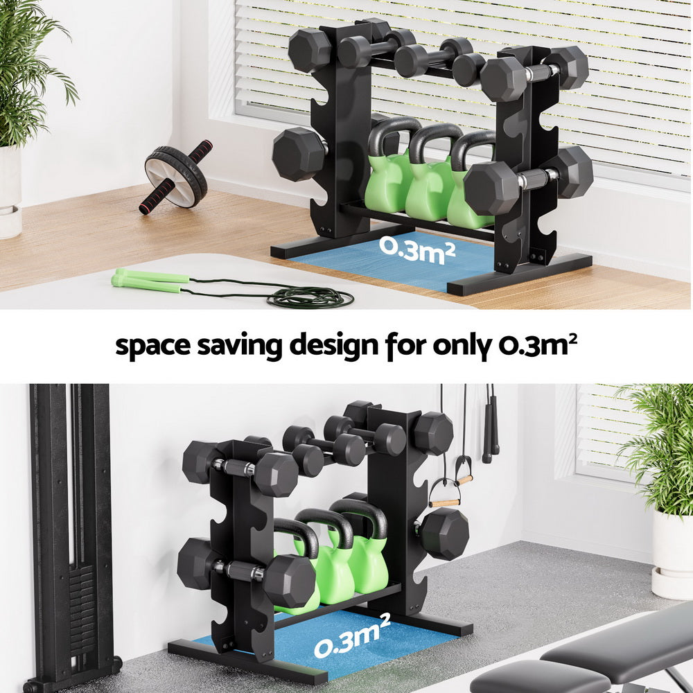Dumbbell rack with space-saving design in a home gym setting