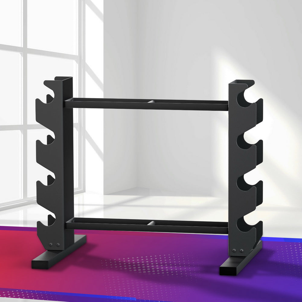 Black weight rack on a purple and blue gradient floor with a white wall background