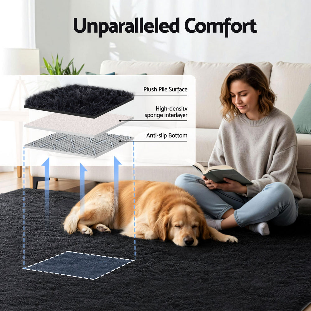 Artiss Floor Rug 200x290cm Plush Area Shaggy Rug Living Room Bedroom Carpet Black