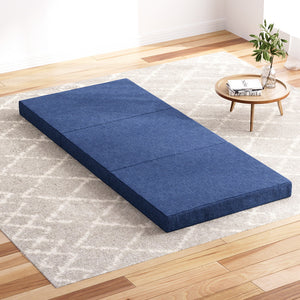 A foldable blue mattress placed on a rug in a room with a small wooden table and a plant.