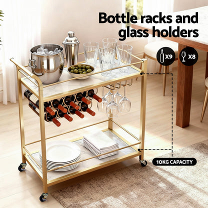 Artiss Bar Cart Drinks Trolley Serving Wine Rack Glass Holder Marble 85cm Gold