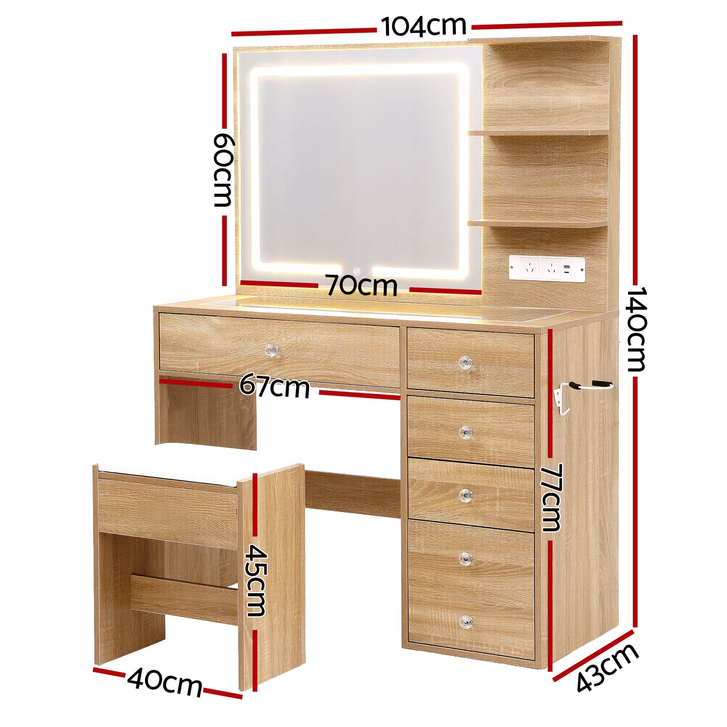 Artiss Dressing Table LED Vanity Desk Set Stool Wood