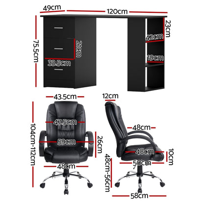 Artiss Computer Desk 120cm Executive Office Chair Set PU Leather High Back Black