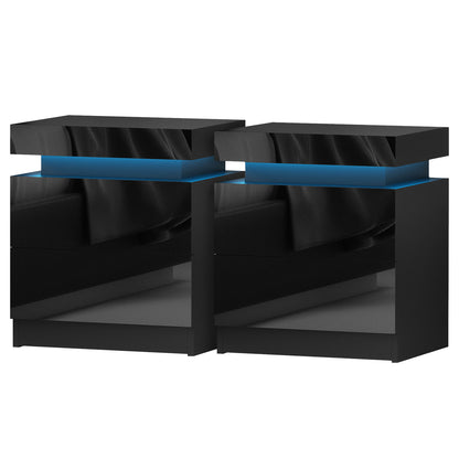 Artiss 2X Bedside Table LED 2 Drawers Lift-up Storage - COLEY Black