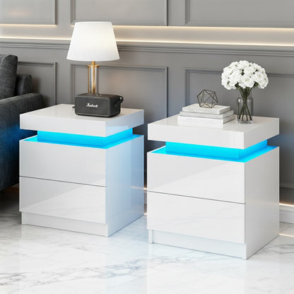 Artiss 2X Bedside Table LED 2 Drawers Lift-up Storage - COLEY White