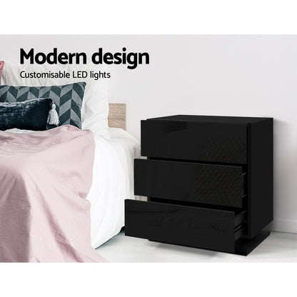 Artiss 2x Bedside Table LED 3 Drawers - MORI Black