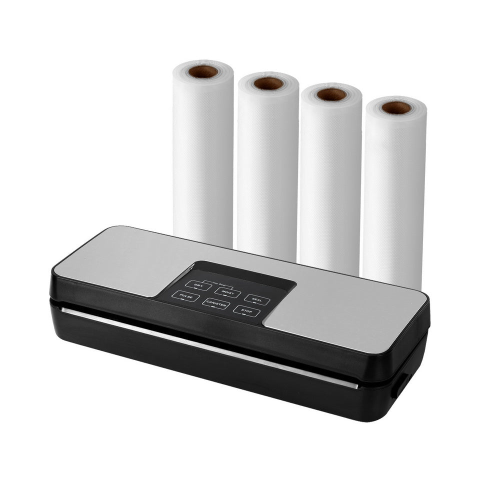 A silver food vacuum sealer machine with a built-in cutter, alongside four rolls of vacuum sealed bags.