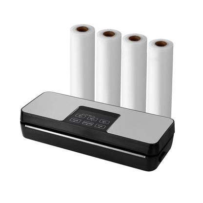 A silver food vacuum sealer machine with a built-in cutter, alongside four rolls of vacuum sealed bags.