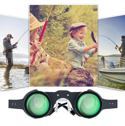 Collage of people fishing with a pair of green Fishing Binoculars in the foreground.