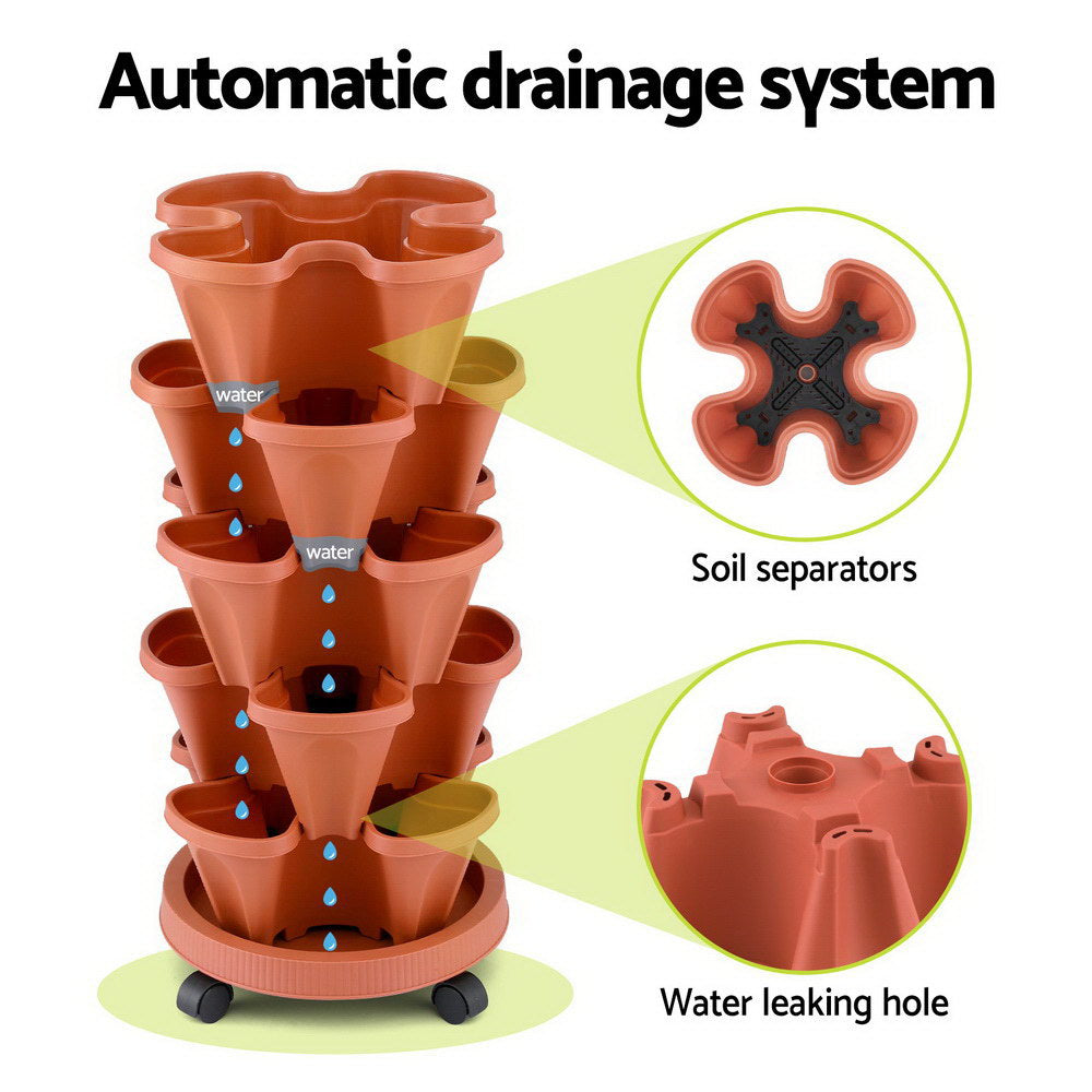 Green Fingers Raised Garden Bed 5 Tier Vertical Garden Brick Red Strawberry Stackable Planters Herbs Petunias