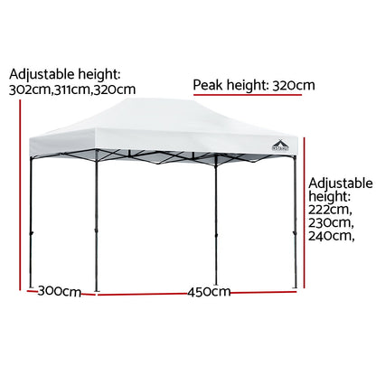 Gazebo Pop Up 3x4.5m w/Base Pod x4-White