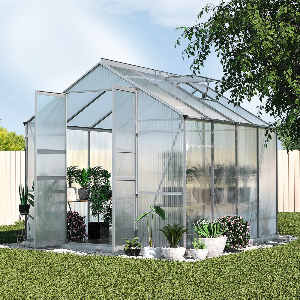 Green Fingers Greenhouse 2.42x2.5x2.26M Aluminium Double Doors Green House Garden Shed