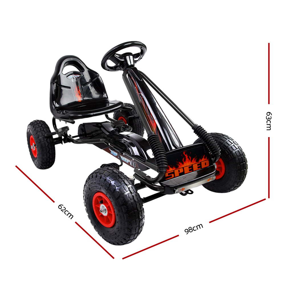 Black and red go-kart with measurements on a white background