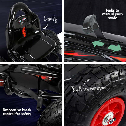 Collage of a toy car's features including comfort, mode switch, break control, and tire tread.