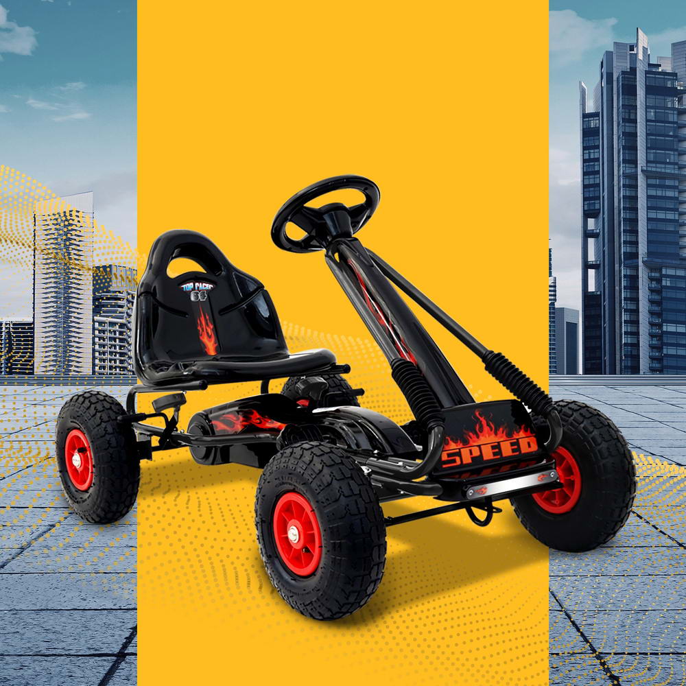Black and red go-kart with 'SPEED' branding on a yellow and blue cityscape background
