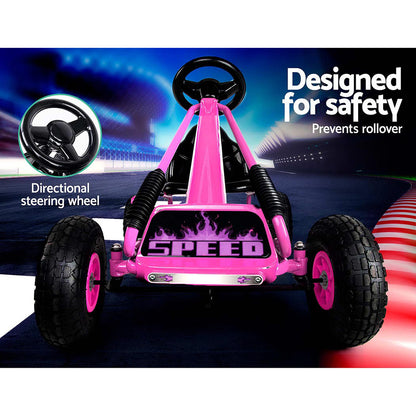 Pink children's go-kart with safety features on a colorful background