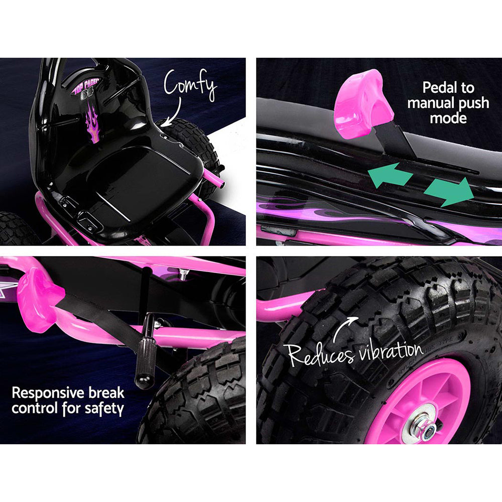 Collage of features of a pink and black children's bike with text labels.