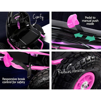 Collage of features of a pink and black children's bike with text labels.