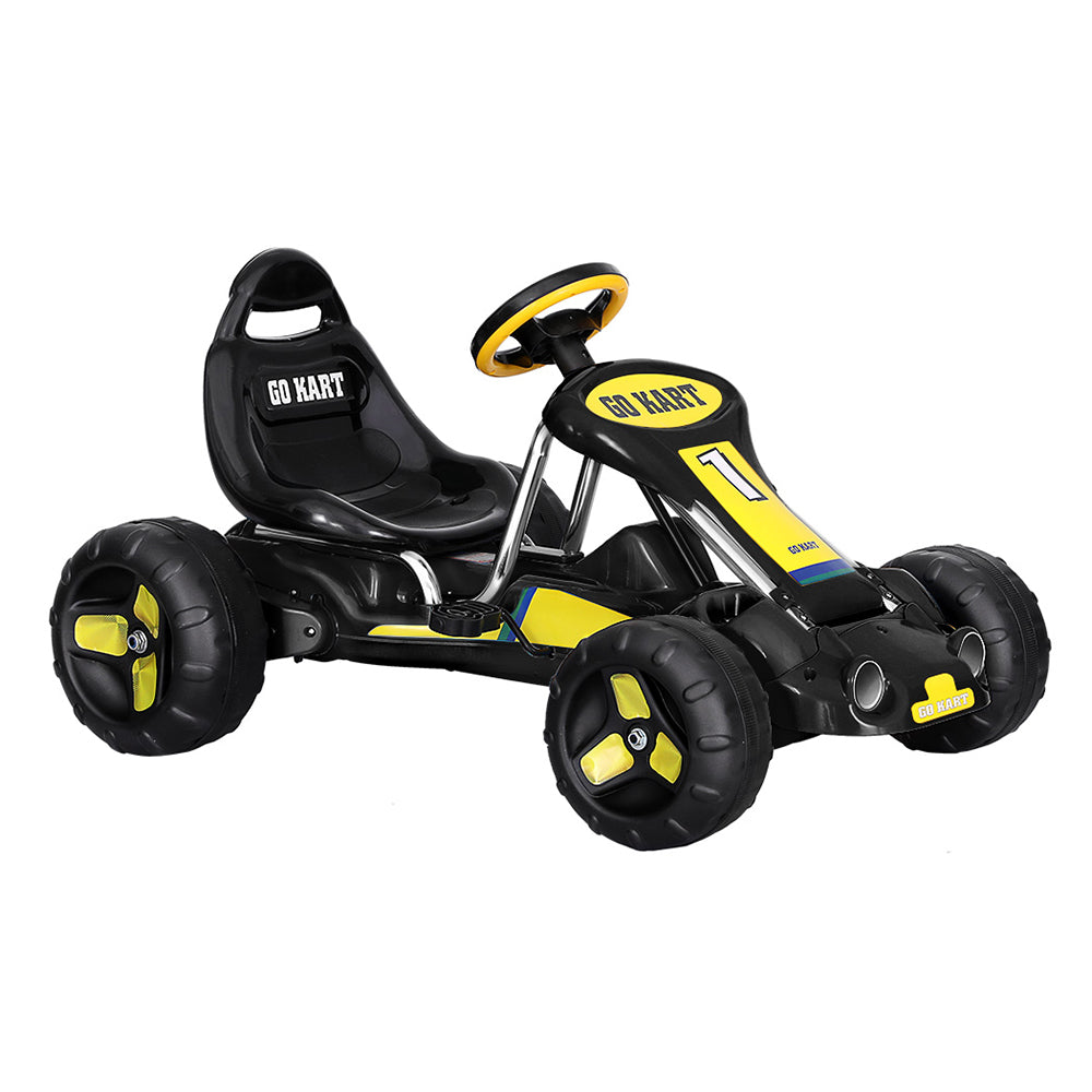 Children's go-kart with black and yellow design on a white background