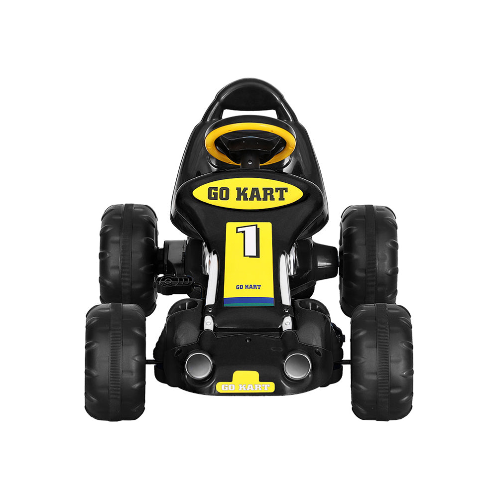 Black and yellow go-kart toy on a white background