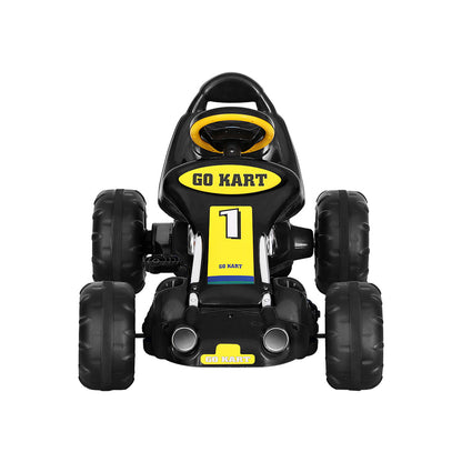 Black and yellow go-kart toy on a white background