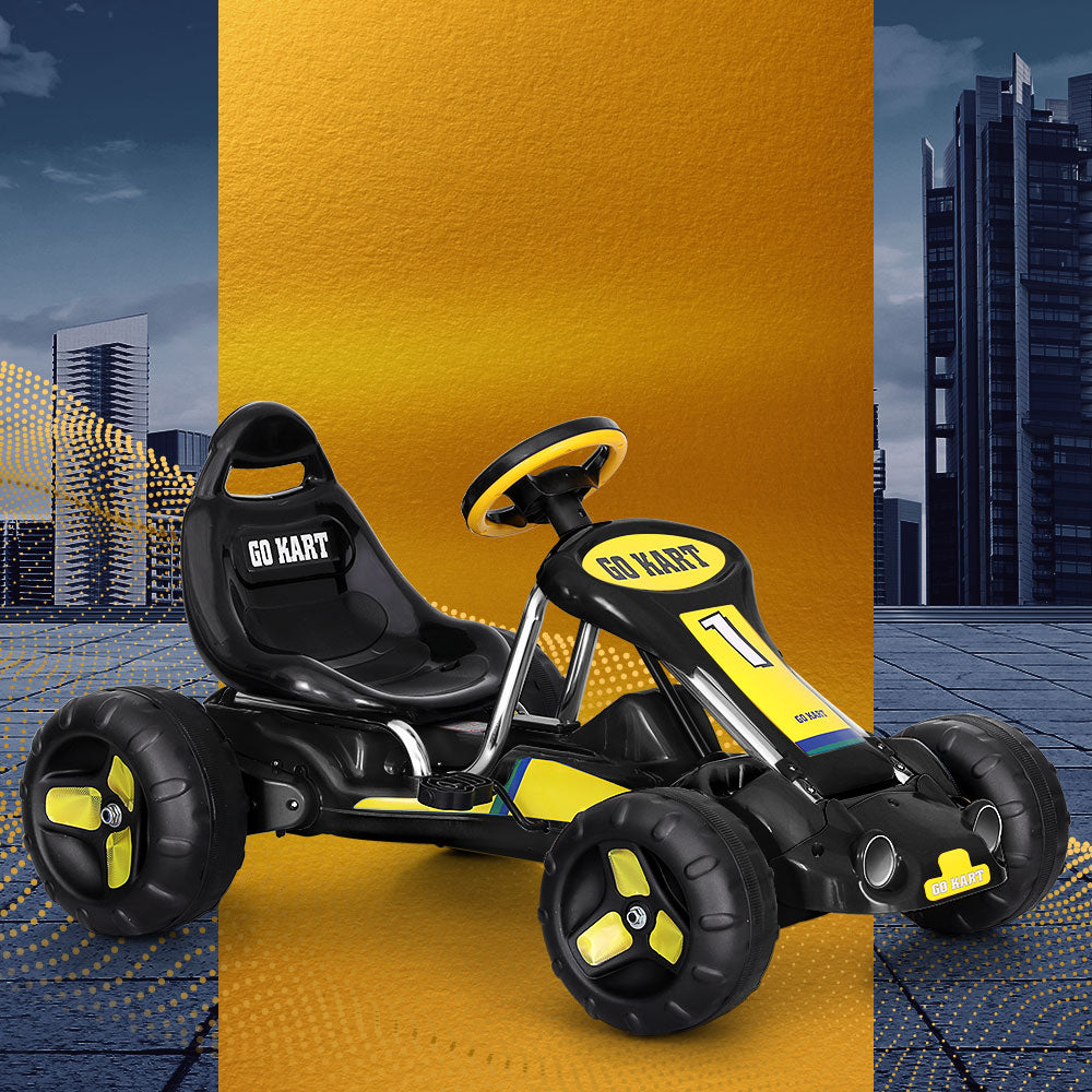Black and yellow go-kart with 'GO KART' branding on a yellow and blue gradient background.