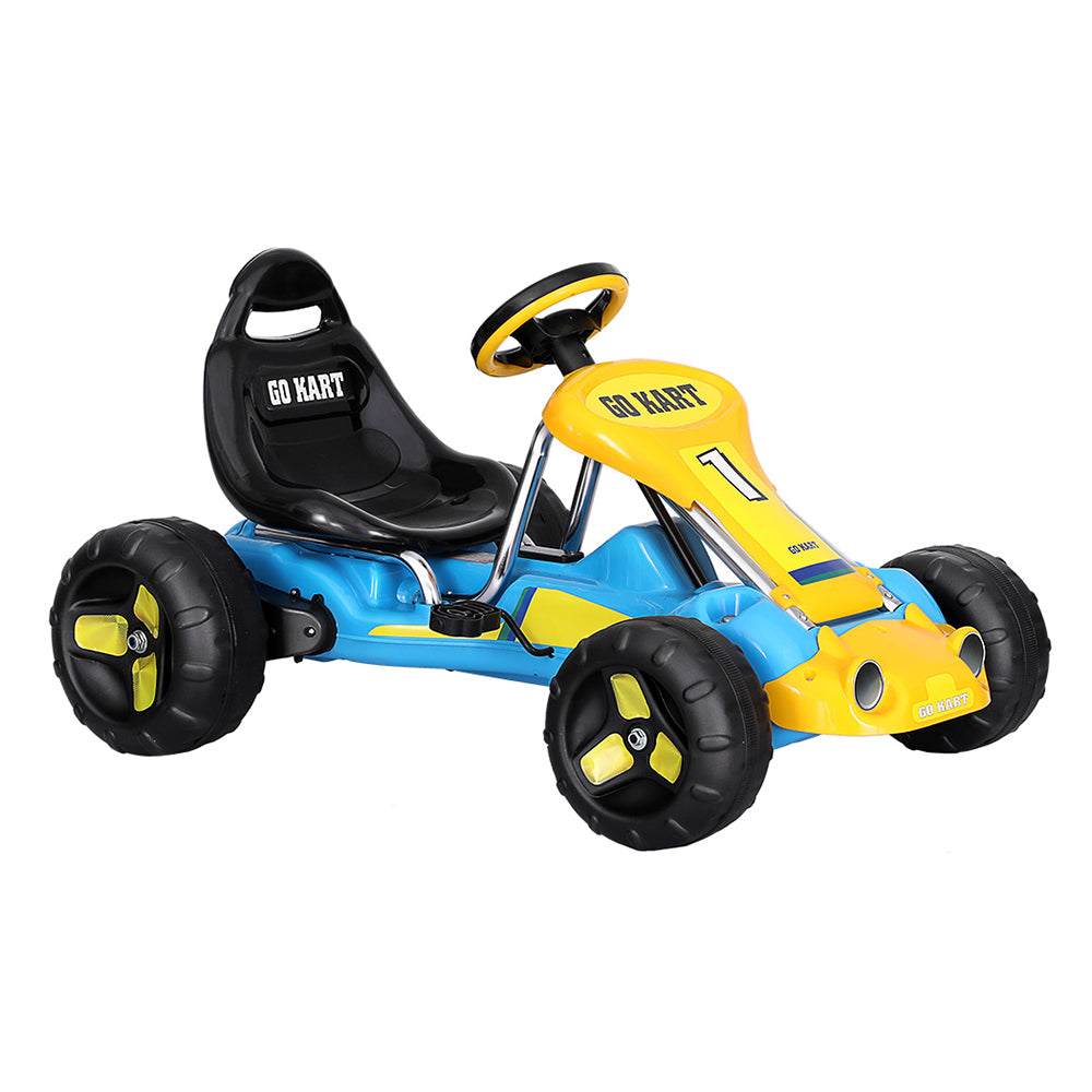 Toy go-kart with blue and yellow design on a white background