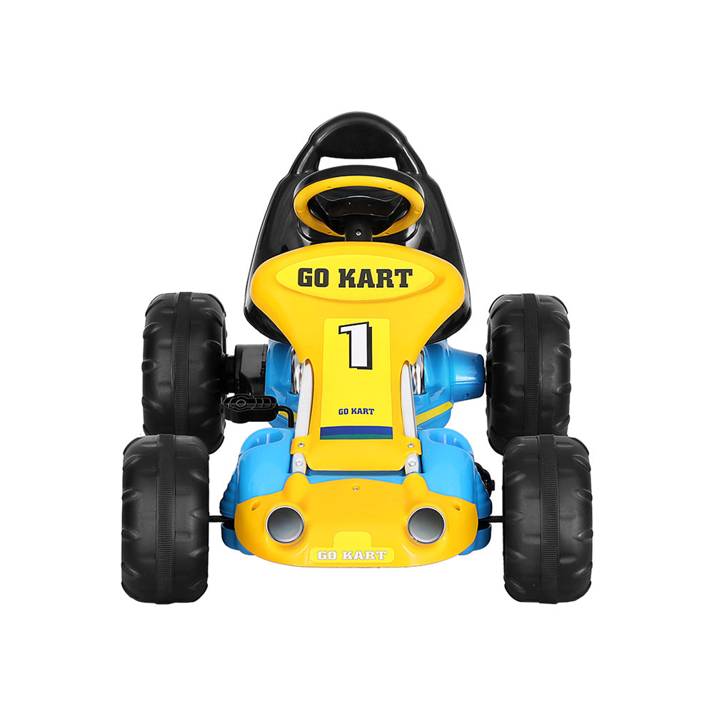 Toy go-kart with yellow seat and blue body on a white background