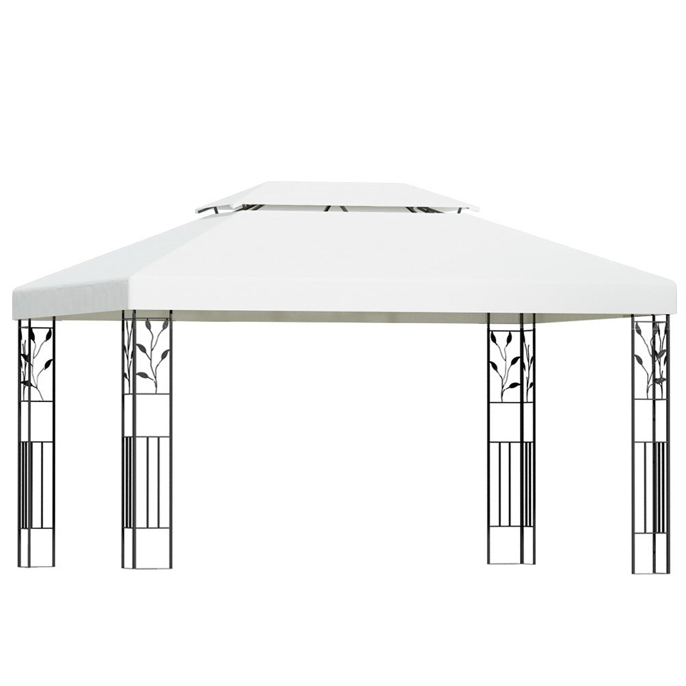 Gazebo 4x3 m Marquee Outdoor Wedding Party Event Tent Home Iron Art Shade White

Transform any outdoor occasion with the INSTAHUT Iron Art Gazebo, a stylish and dependable tent that is designed with both beauty and functionality in mind. With a durable water-resistant, and UV-resistant PE fabric and unique iron art design, this 4m x 3m gazebo provides optimal shelter and an artistic touch to any setting. The triangular support system ensures stability, while the pre-attached fittings and hook and loop attac