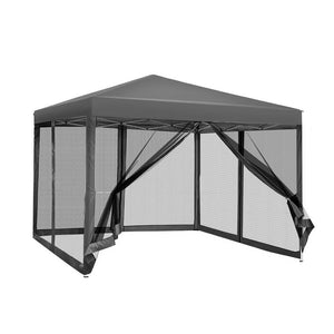 Gazebo Pop Up Marquee 3x3m Wedding Party Outdoor Camping Tent Canopy Shade Mesh Wall Grey

The INSTAHUT Pop-up Gazebo is a versatile solution for instant outdoor coverage. This durable canopy, measuring 300cm x 300cm, features a silver-coated 210D Oxford fabric to shield against UV rays and water. With four height options (232cm to 250cm) and two zipped entrances, it also includes insect-proof mesh walls. The gazebo boasts a sturdy powder-coated steel frame, cross-bar frame work, and steel legs to withstand