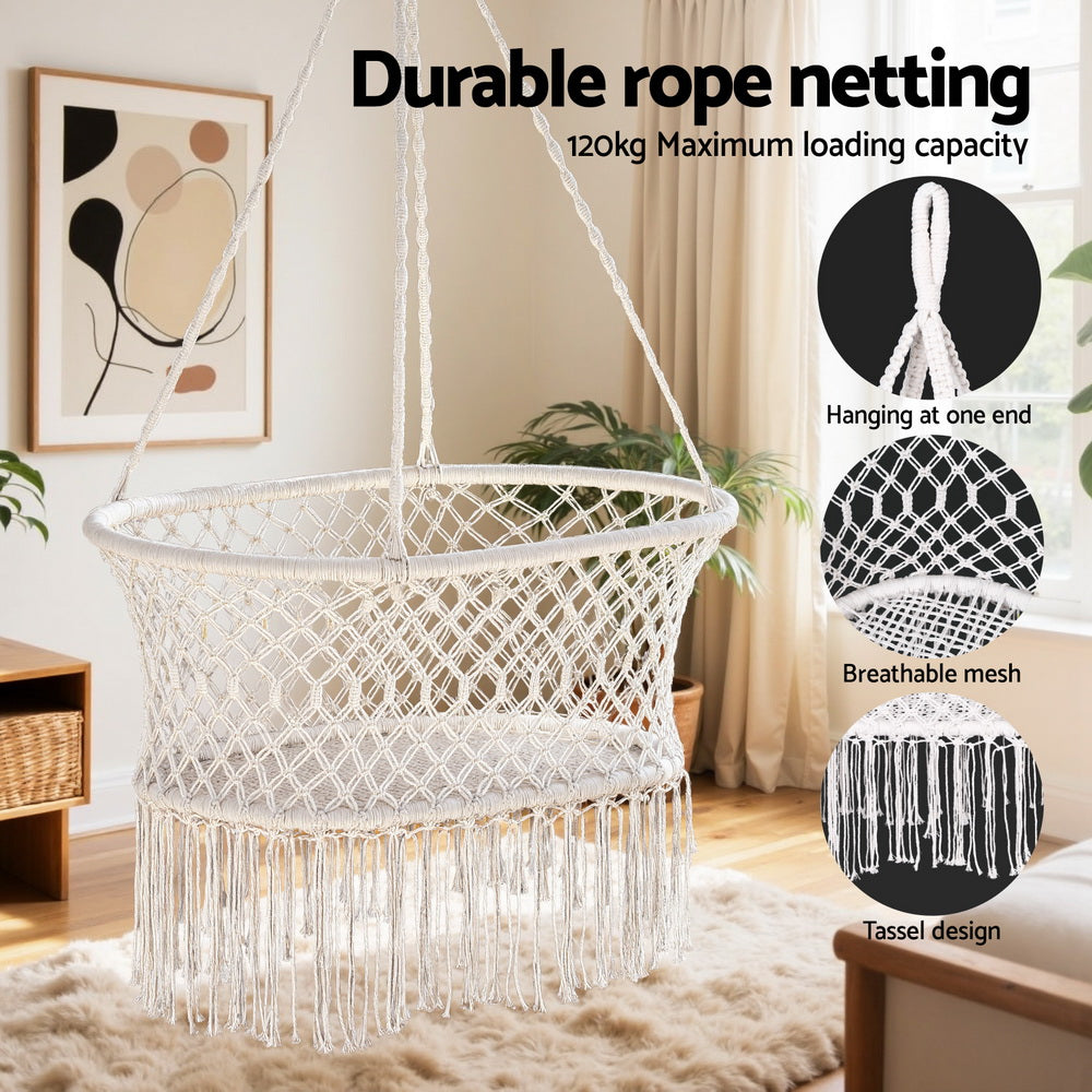 Gardeon Hammock Chair Cotton Swing Chair Outdoor Indoor Cream