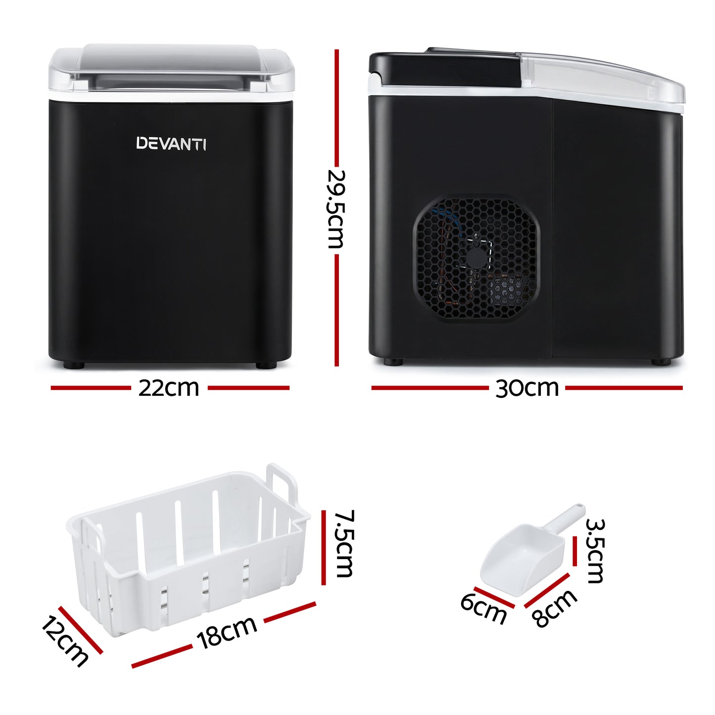Devanti Ice Maker Machine Portable 12kg Countertop w/Self Cleaning 1.2L Black - Factory Direct Shop