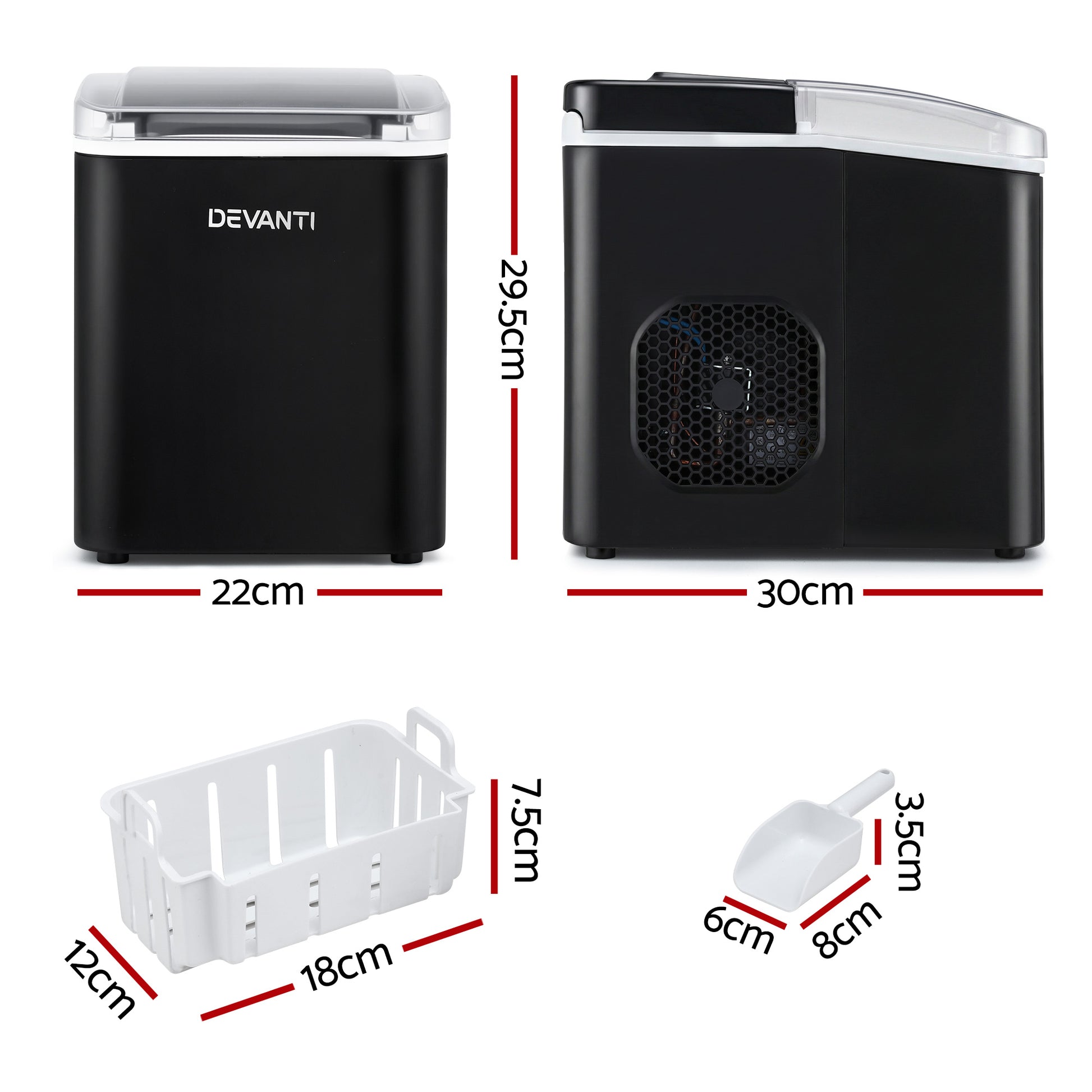 Devanti Ice Maker Machine Portable 12kg Countertop w/Self Cleaning 1.2L Black - Factory Direct Shop