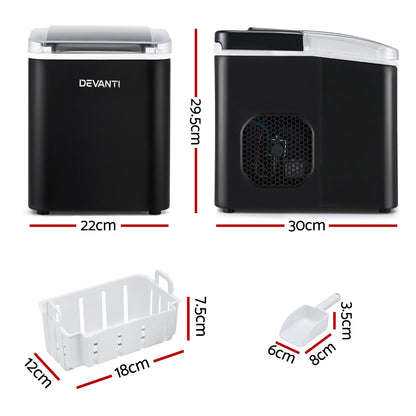 Devanti Ice Maker Machine Portable 12kg Countertop w/Self Cleaning 1.2L Black - Factory Direct Shop